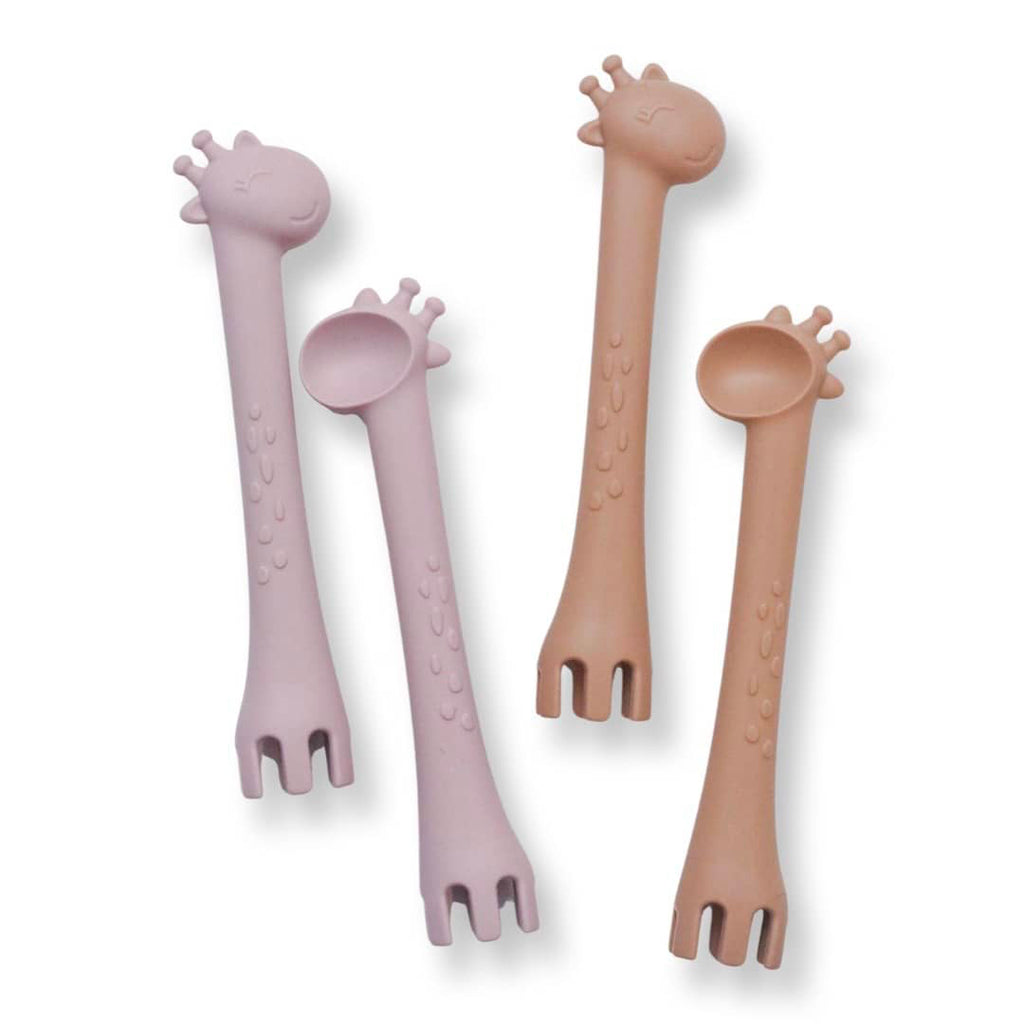 giraffe shaped self feed spoon and fork set for babies, toddlers, and kids