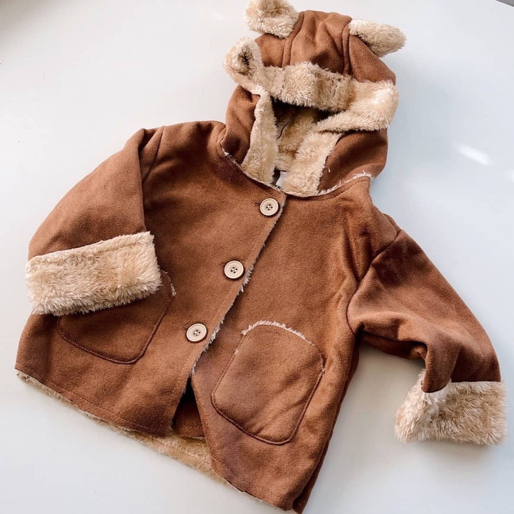 brown fleece lined suede baby coat with bear ears on the hood