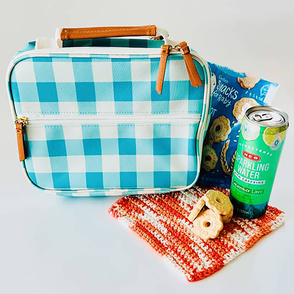 eco friendly vegan lunch bag in blue and white plaid
