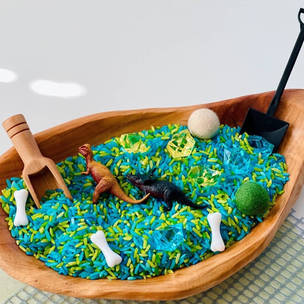 dinosaur themed sensory rice play kit for kids
