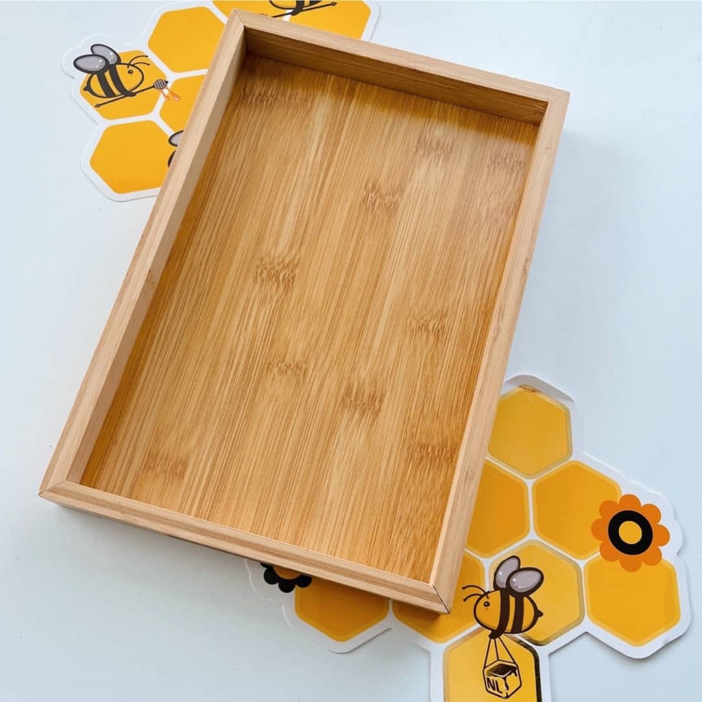large rectangular wooden bamboo sensory bin for kids open ended play activities