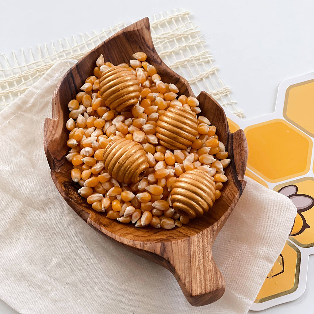 wooden bee themed sensory bin toys for kids nature study