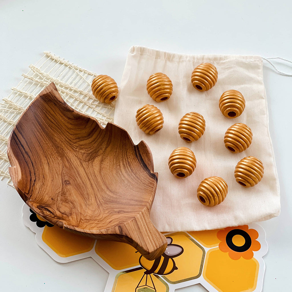 10 wooden beehive toy set for ten frame counting and loose parts play
