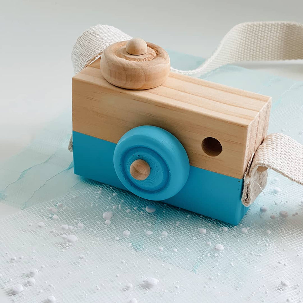 blue wooden camera pretend play toy