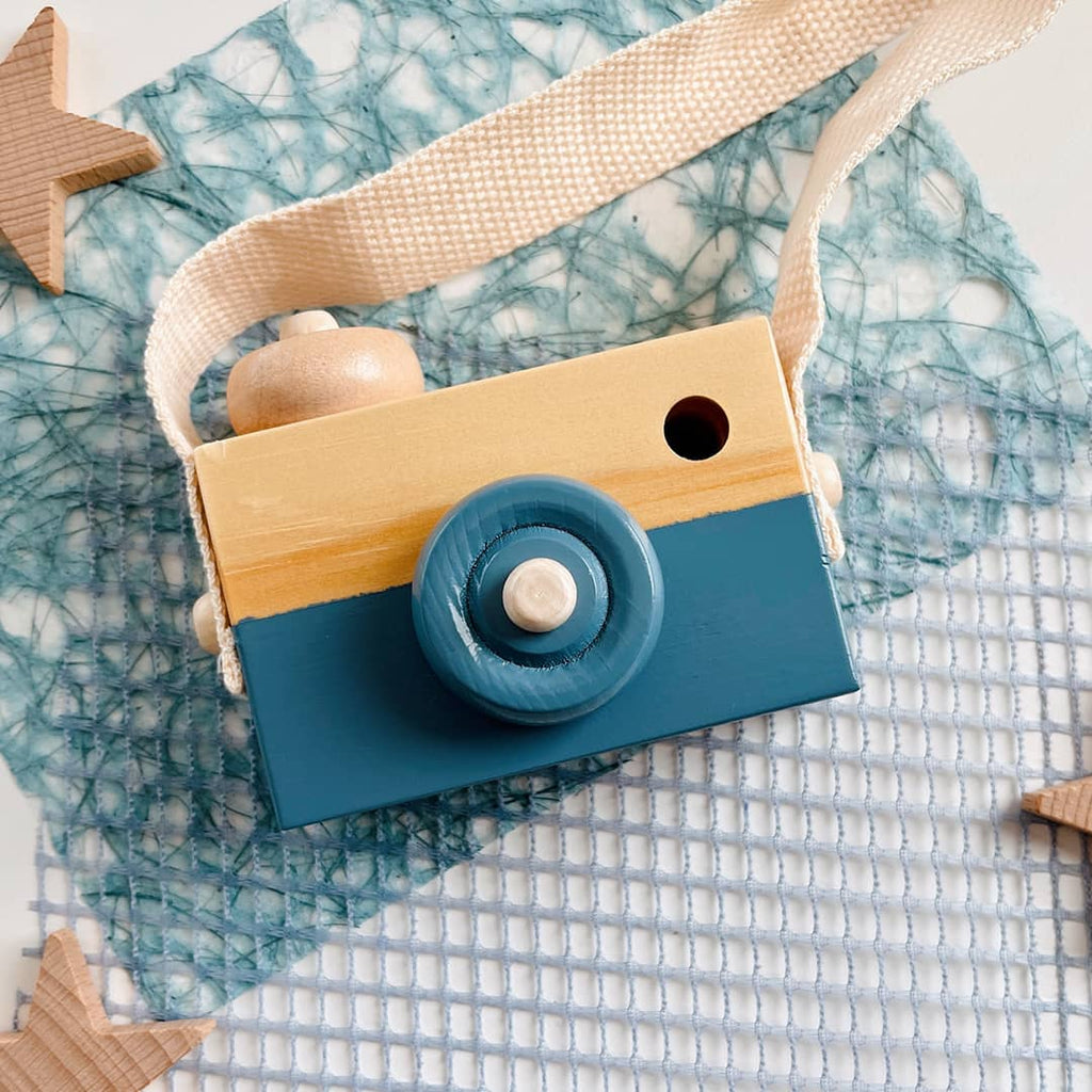 dark blue wooden camera toy for kids