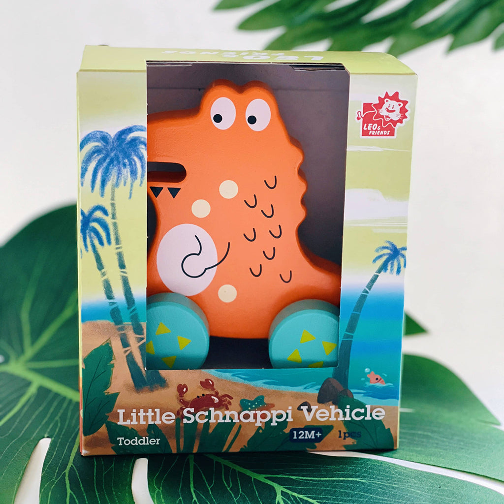 orange wooden alligator push toy for babies, toddlers, and kids