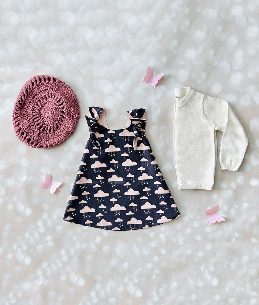 grey and blush pink cloud toddler dress with matching accessories