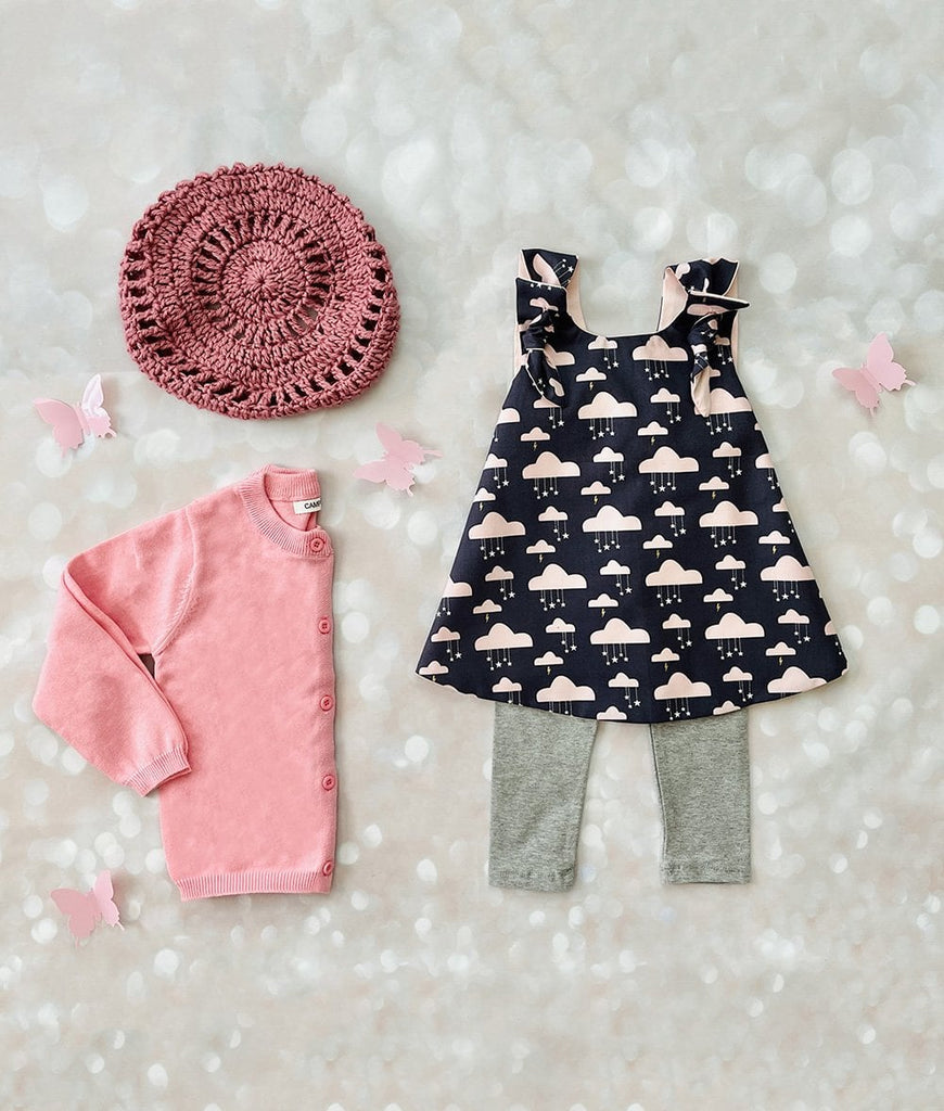 blush pink toddler dress and matching birthday outfit accessories