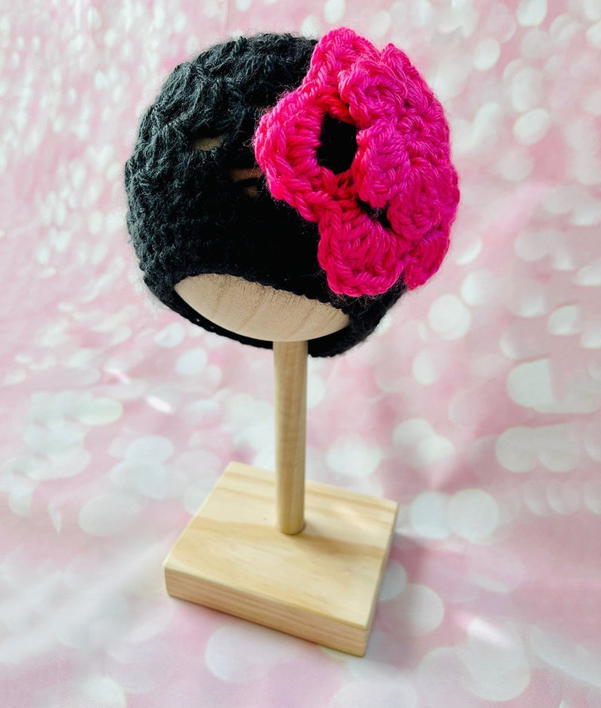 black crochet baby girl beanie hat with hot pink flower accent