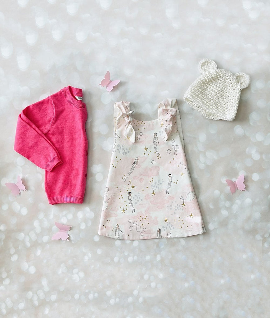 Baby girl outfit set - pink mermaid dress for girls, white bear hat, and hot pink cardigan