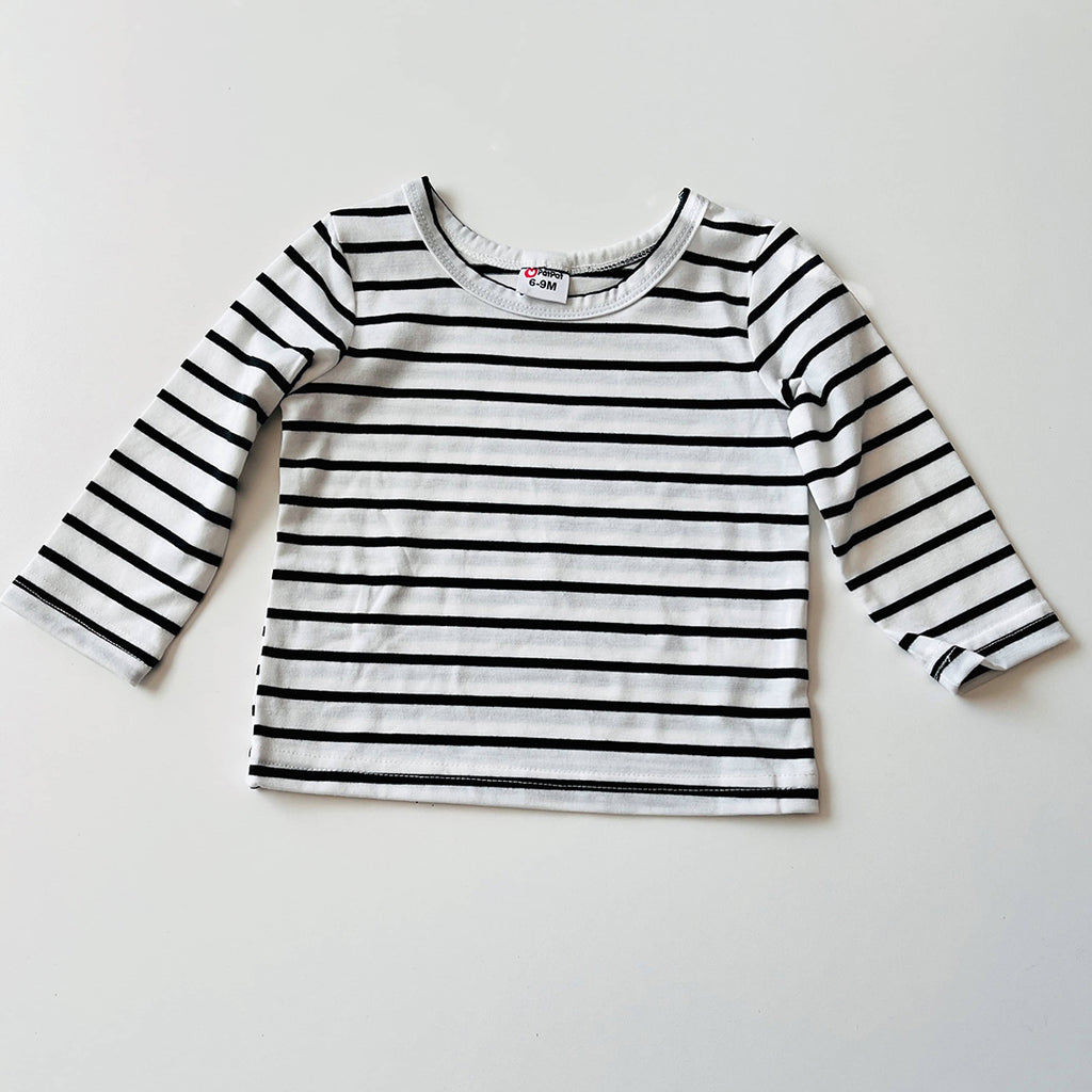 black and white striped long sleeve infant shirt
