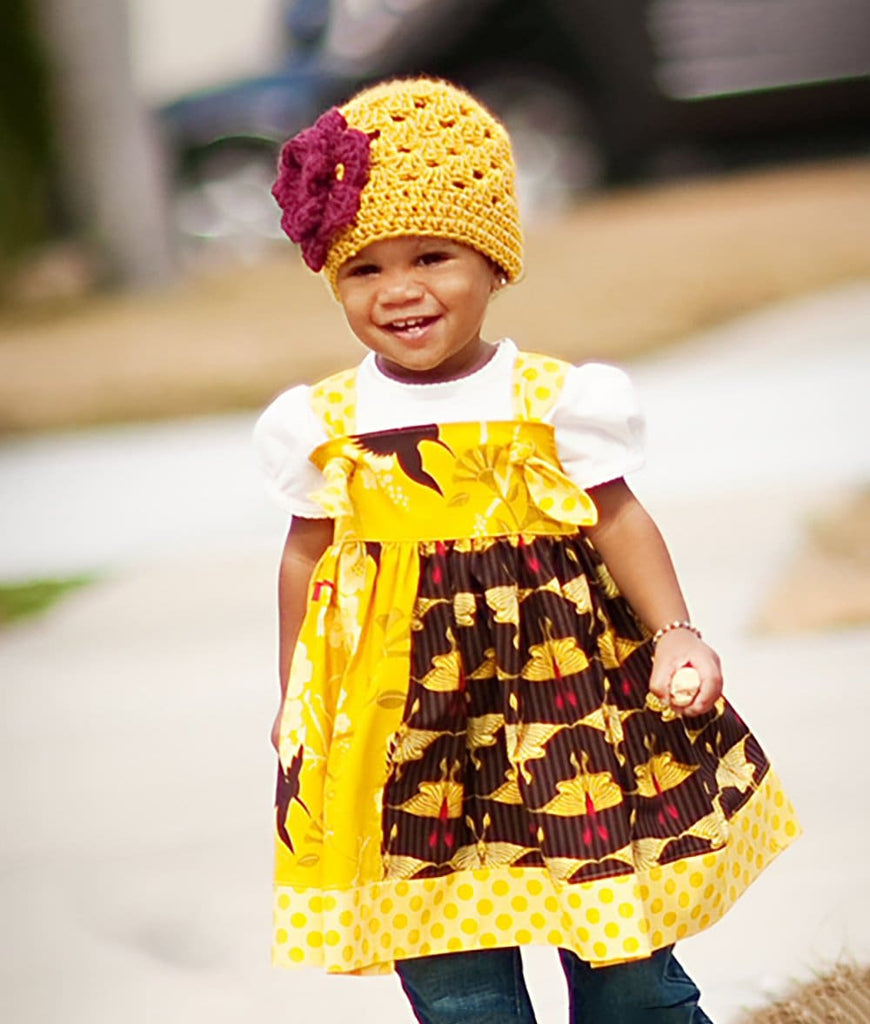 mustard yellow crochet baby girl beanie hat