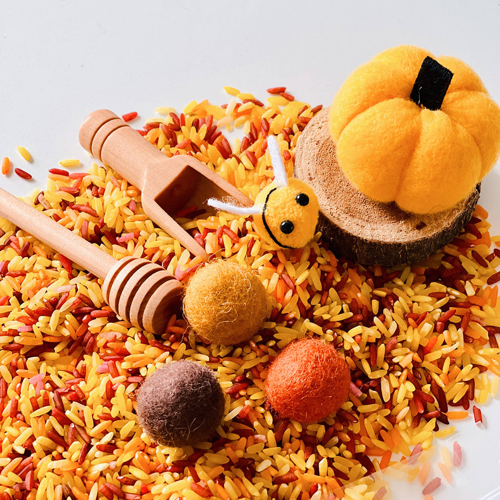 Fall themed sensory rice bin for kids
