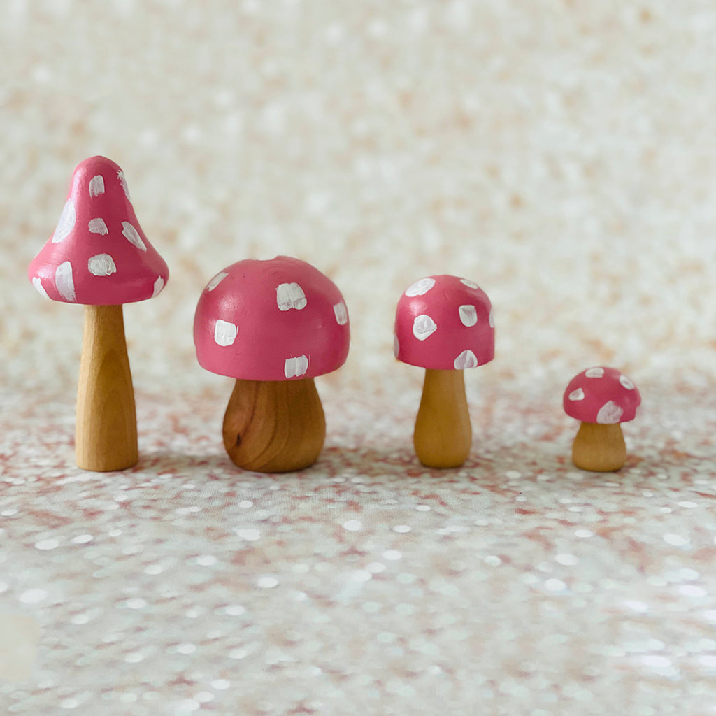 pink spotted wooden mushroom set