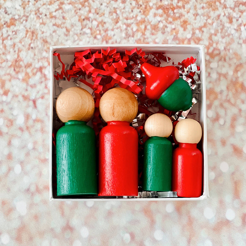 kids Montessori style wooden peg dolls hand painted red and green