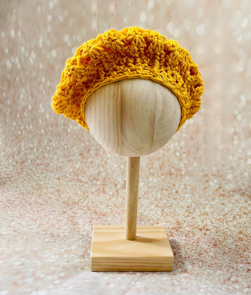 mustard yellow crochet beret hat for babies and toddlers
