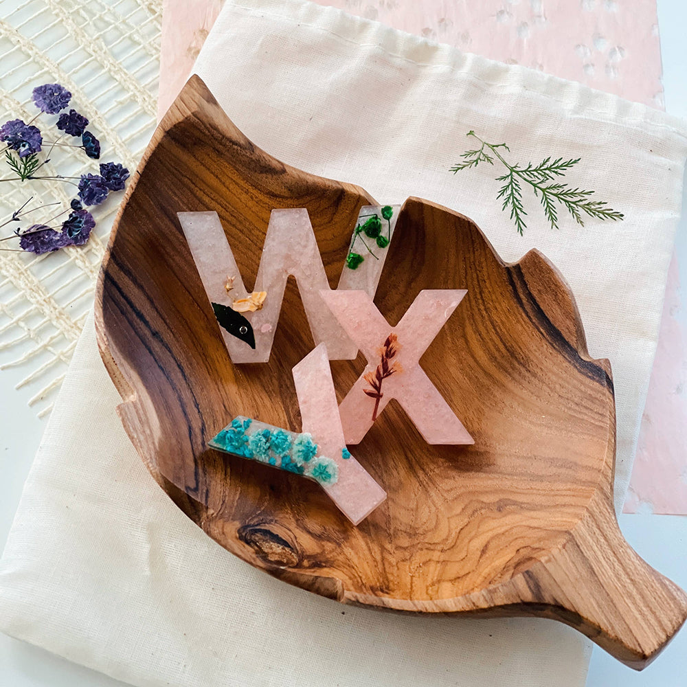 floral resin letters in leaf shaped tinker tray