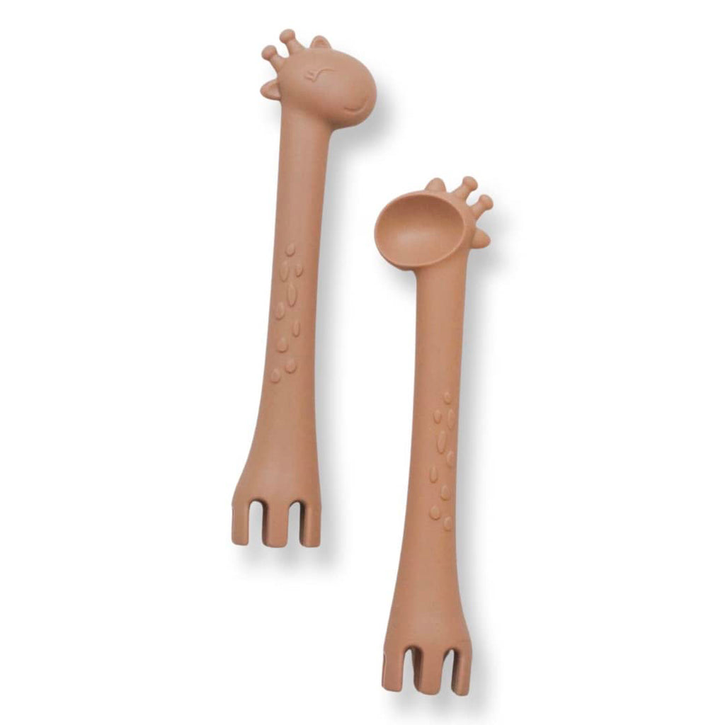 self feed baby spoon and fork set in camel brown
