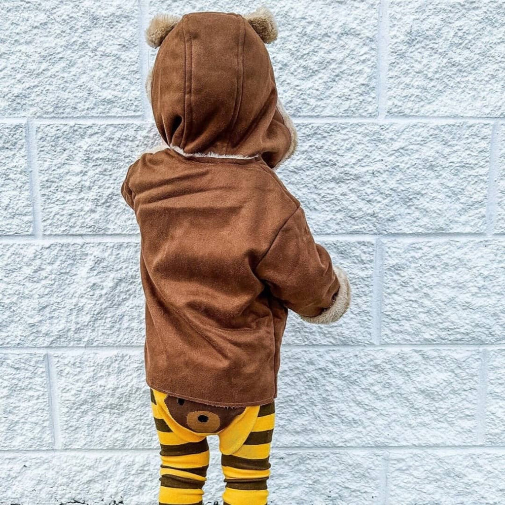 back view of brown suede baby bear winter coat
