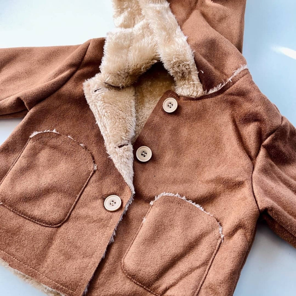 detailed view of suede baby bear ear hooded coat