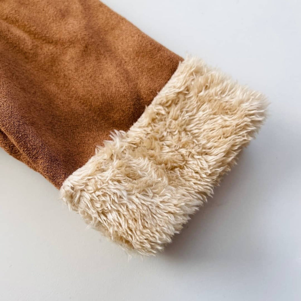 fleece lining detail of suede brown winter baby coat
