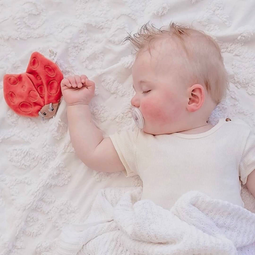 baby sleeping next to a red ladybug crinkle lovey