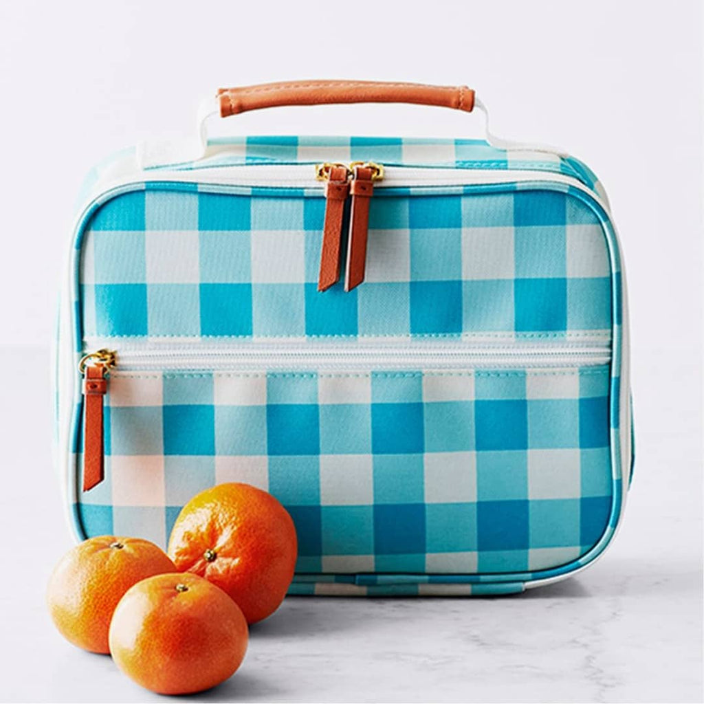 eco friendly insulated lunch bag in blue and white plaid print