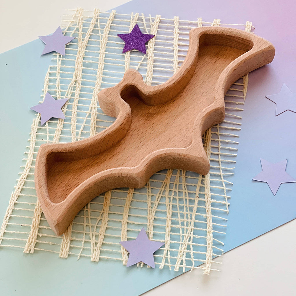 wooden Montessori bat shaped tray for counting and sorting