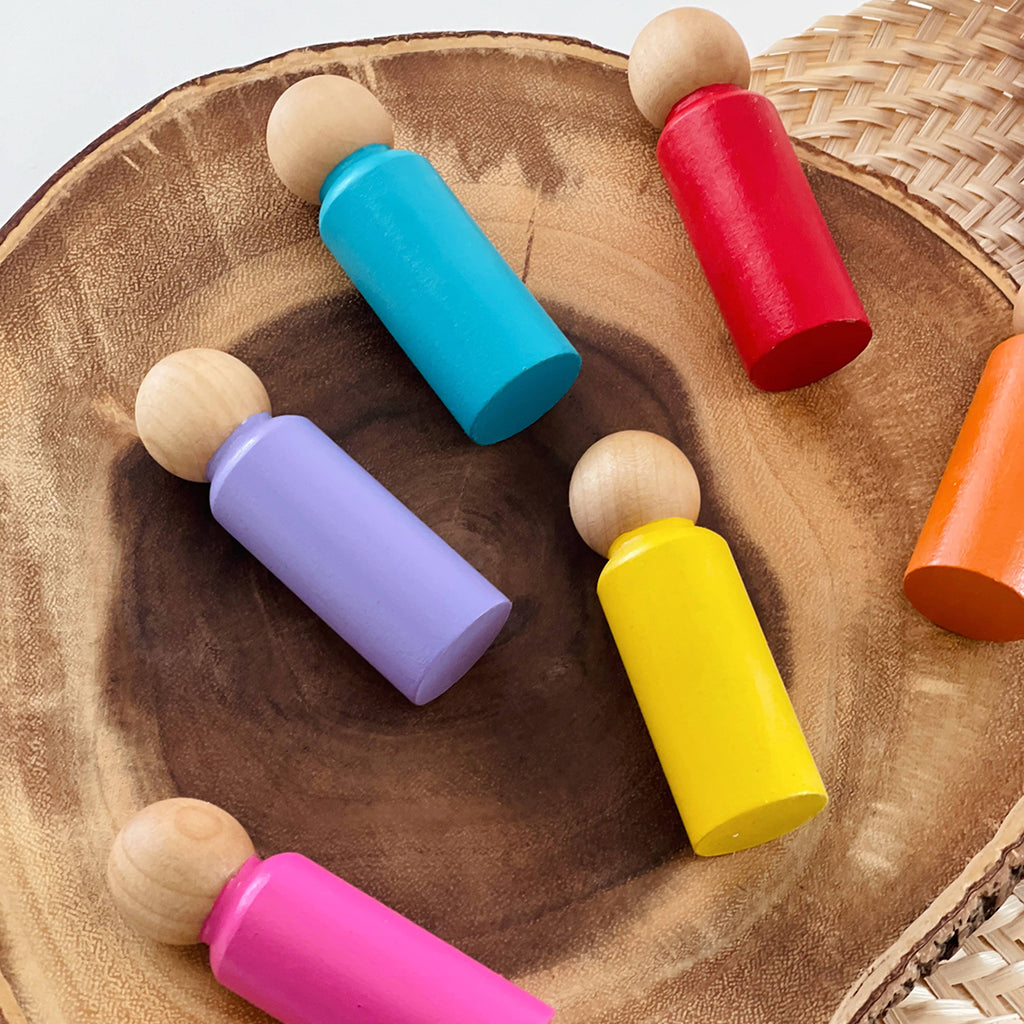 kids open ended rainbow colored wooden peg doll set of 10