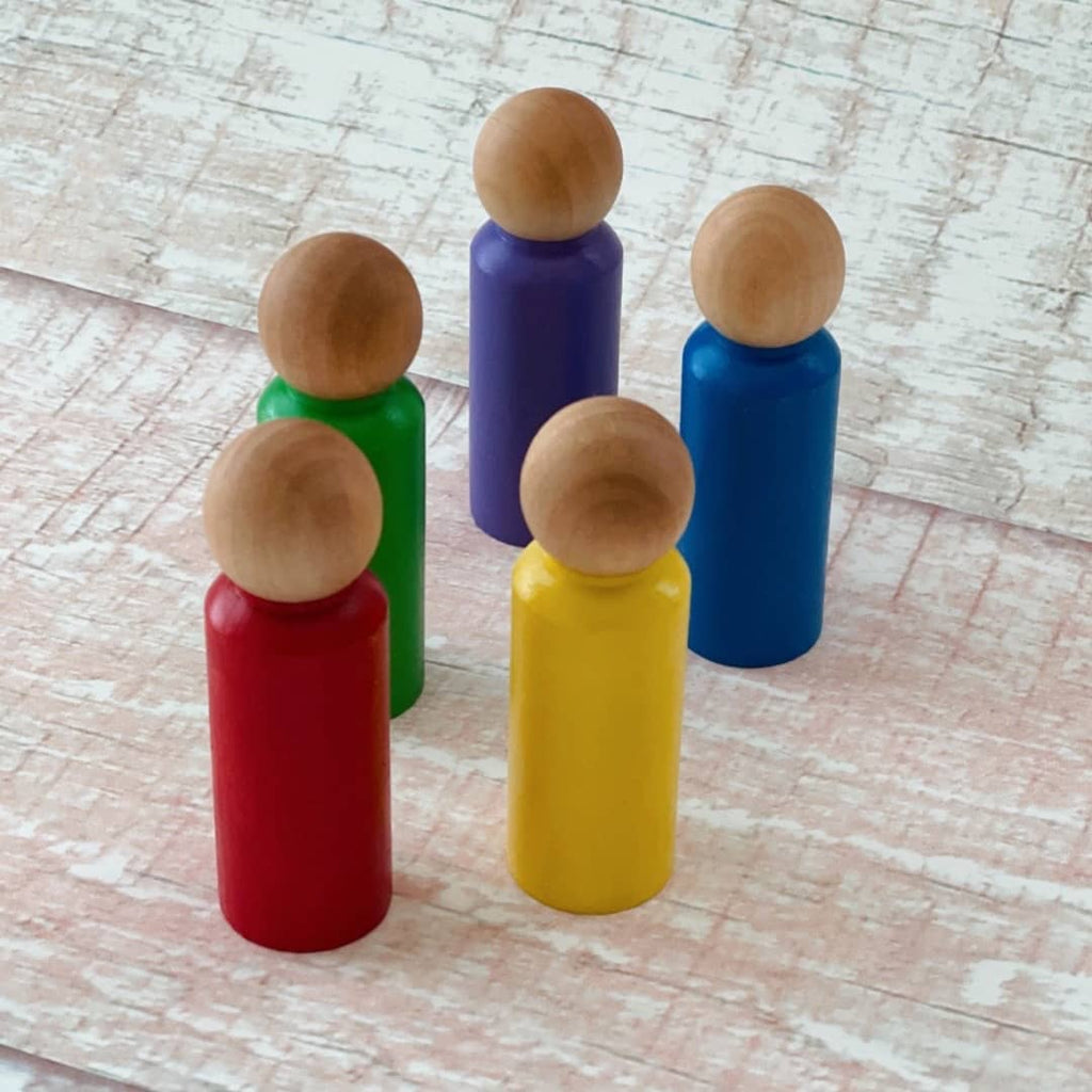 5 large hand painted wooden rainbow peg dolls for toddlers and kids