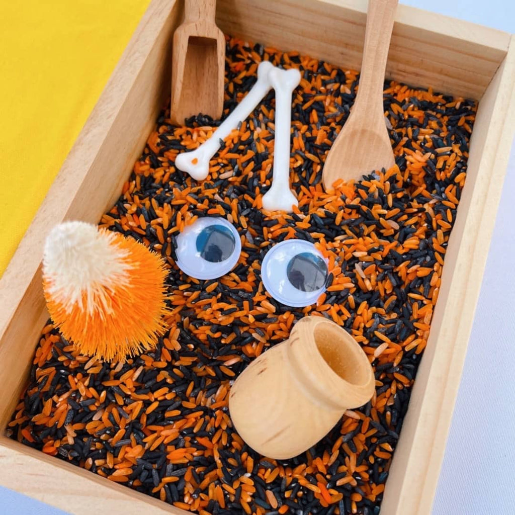 monster mix sensory rice bins for kids