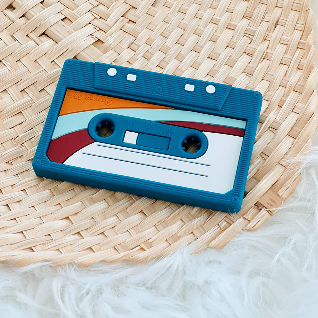 blue retro cassette tape teether for infants