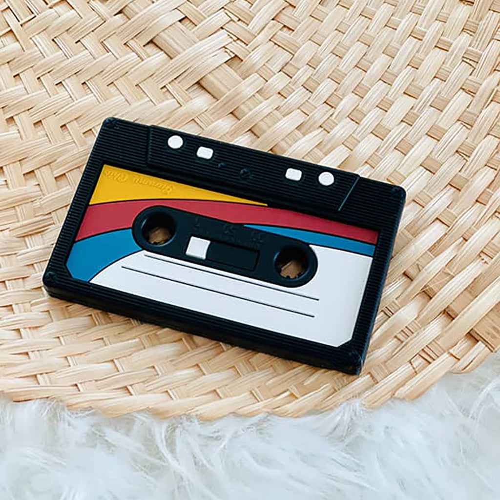 black retro cassette tape teether for infants