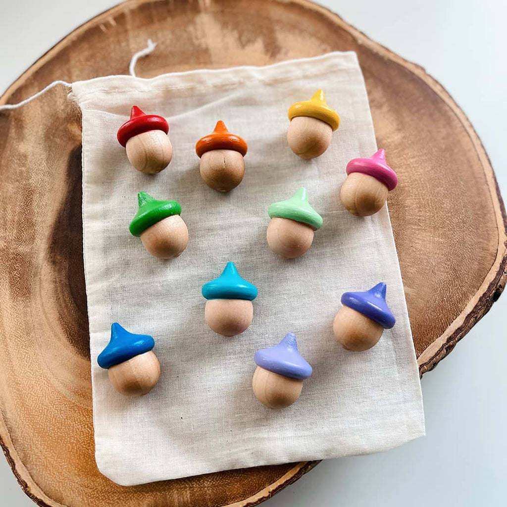 hand painted rainbow wooden acorns polished with beeswax