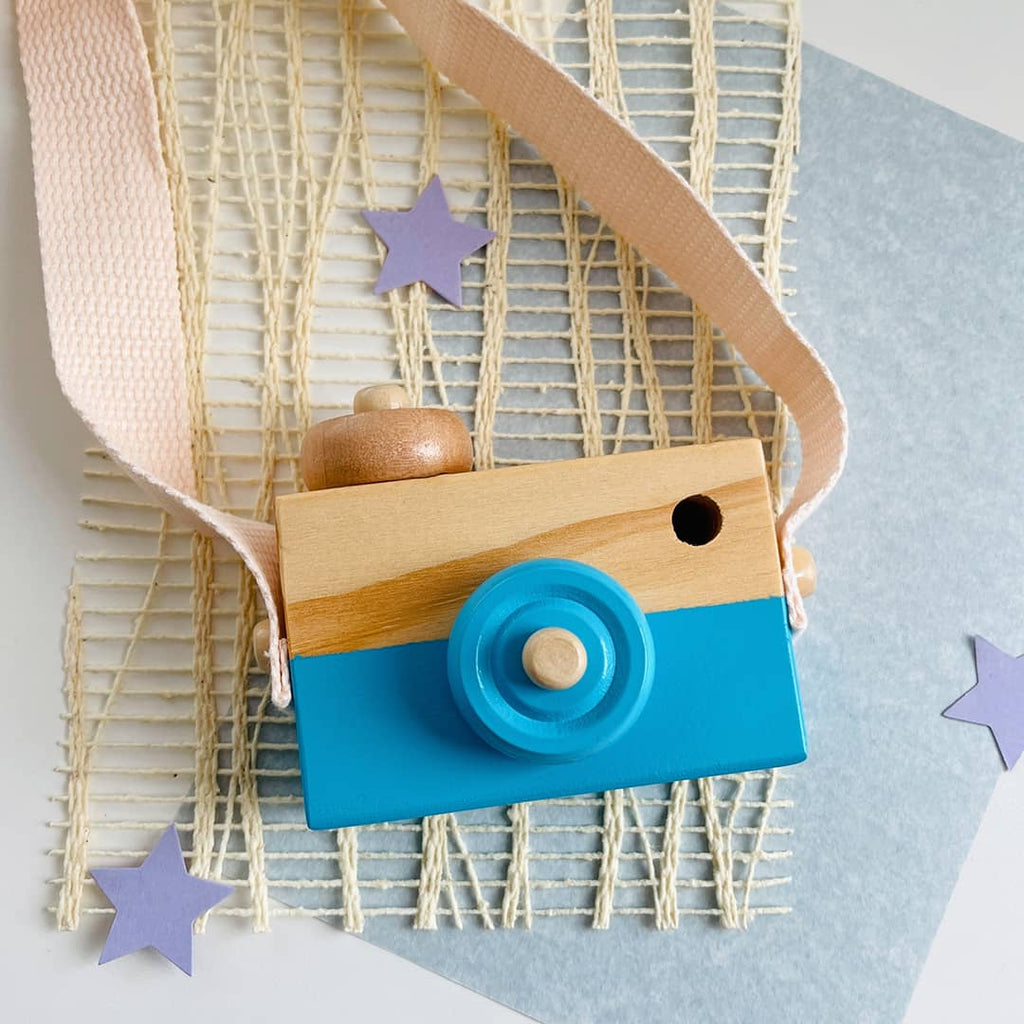blue wooden kids camera toy