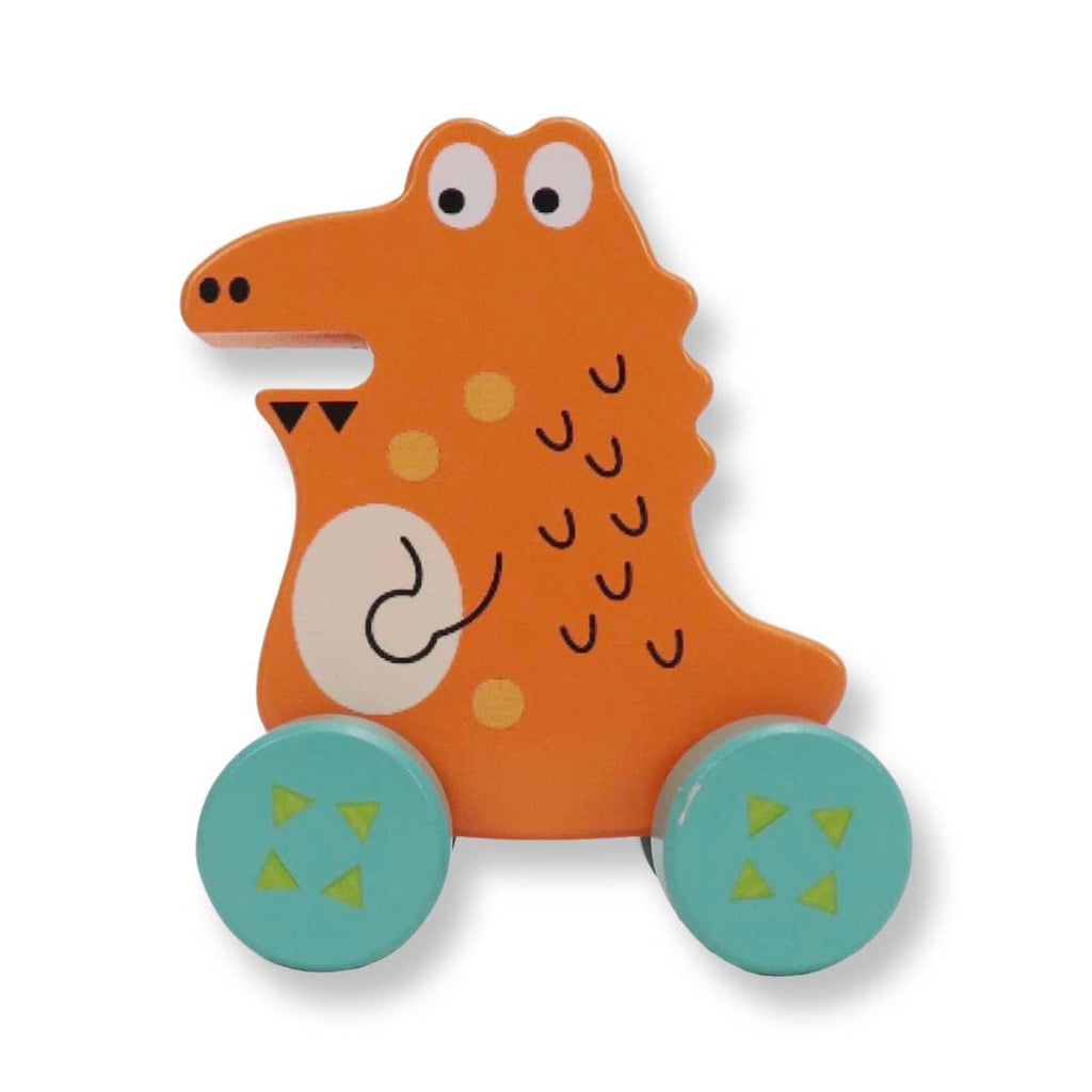wooden alligator push toy in orange