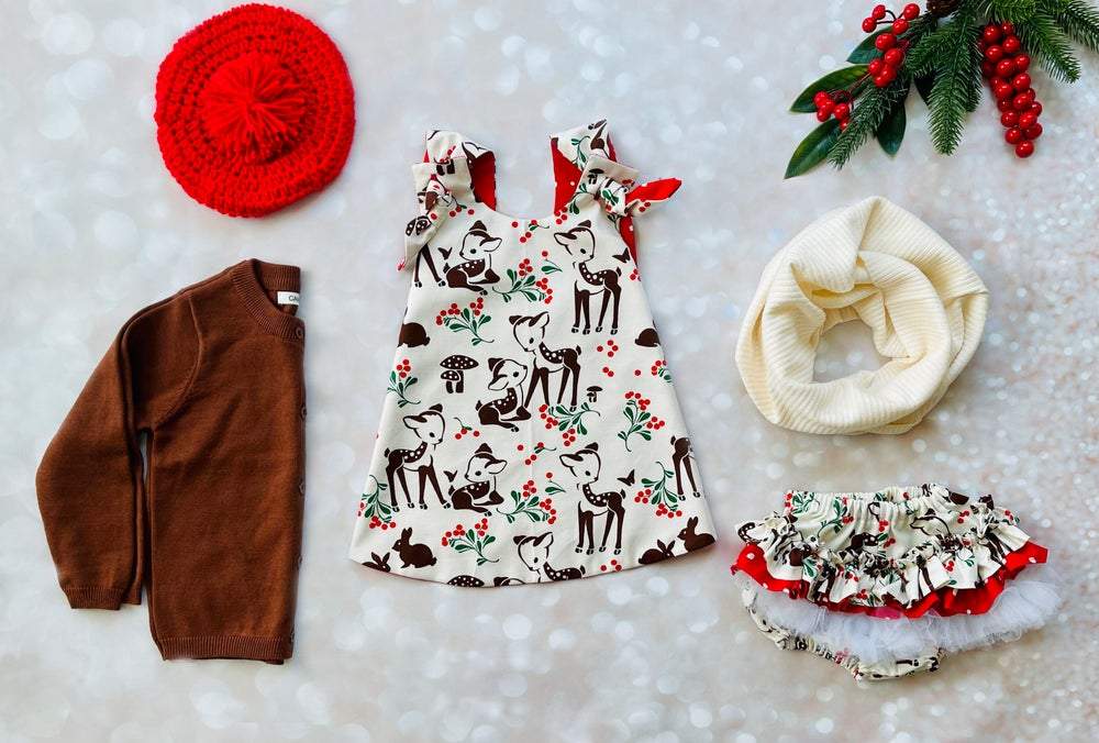 deer print holiday dress for baby and toddler girls with matching accessories