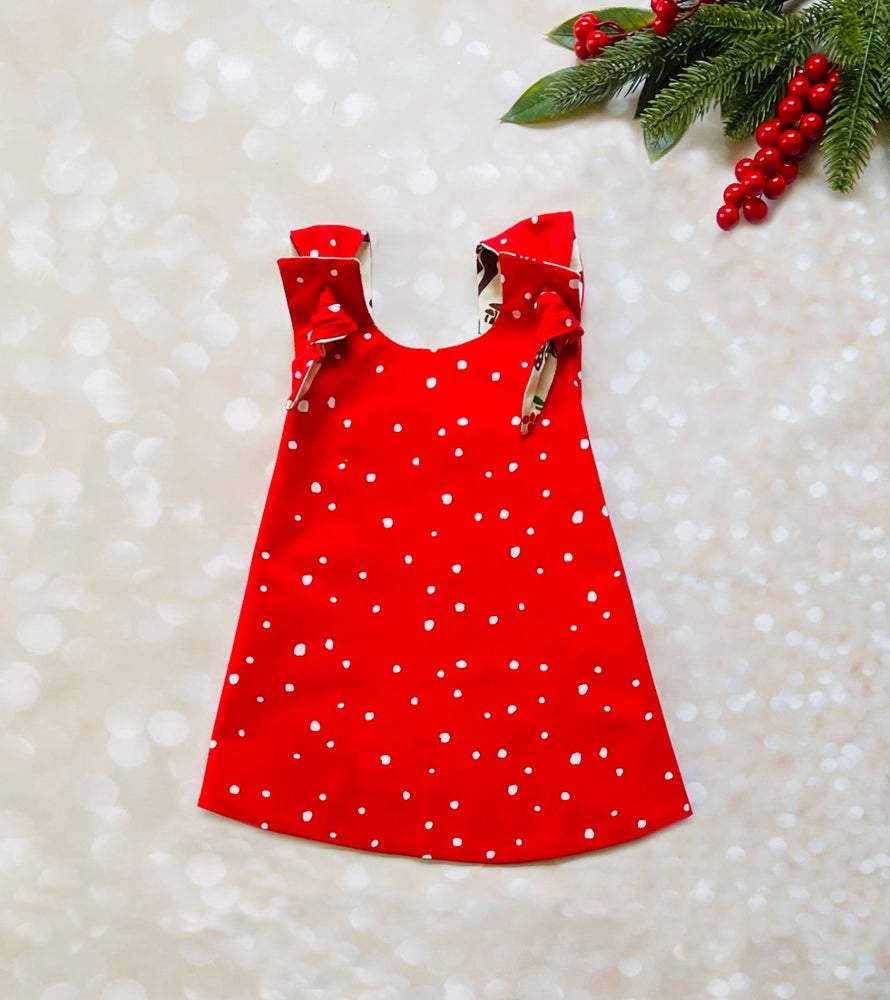 deer print holiday dress for baby and toddler girls reverse side