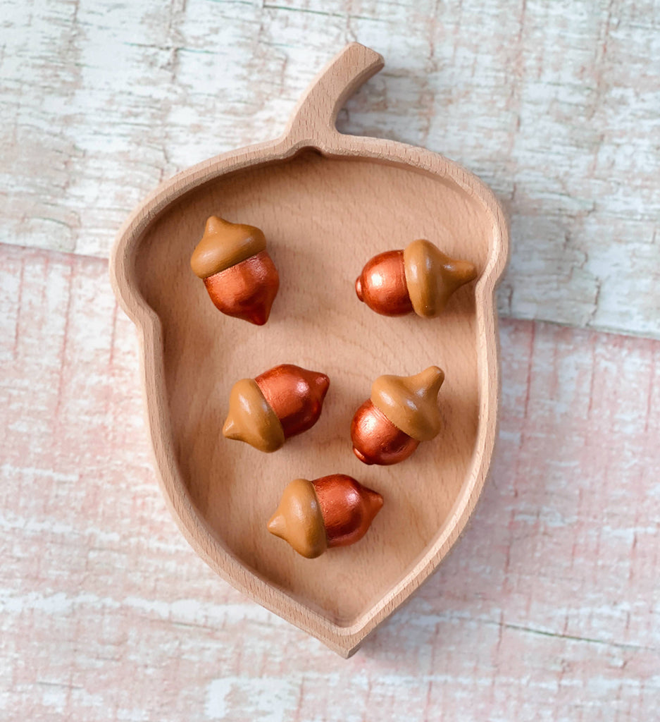 acorn shaped wooden Montessori sorting tray