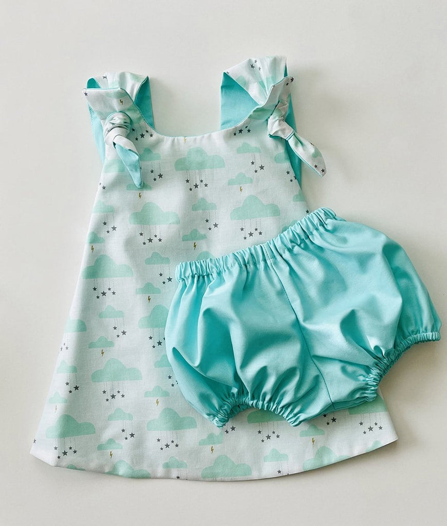 aqua blue baby girl dress with cloud print