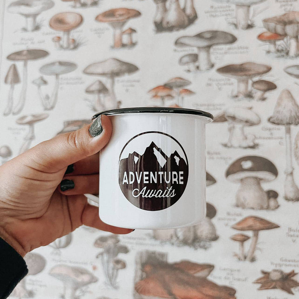 adventure awaits black and white camping enamel mug