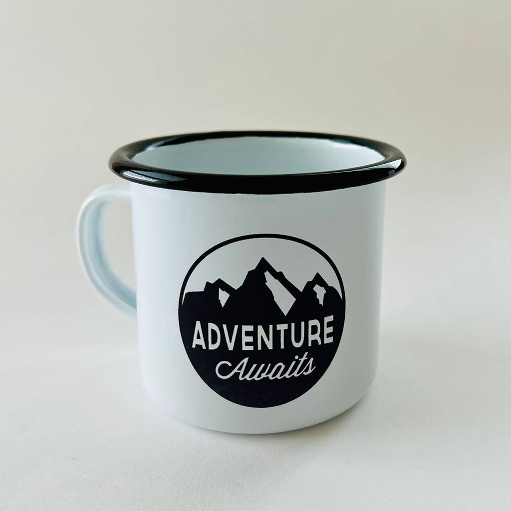 11 ounce black and white camping enamel mug
