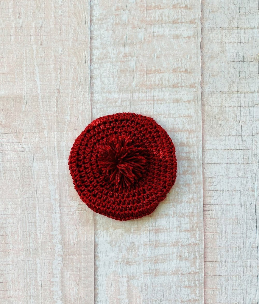 Dark red knit baby pom pom beret hat