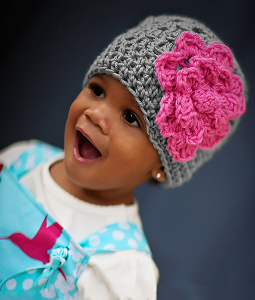 crochet baby girl beanie hat with pink flower accent