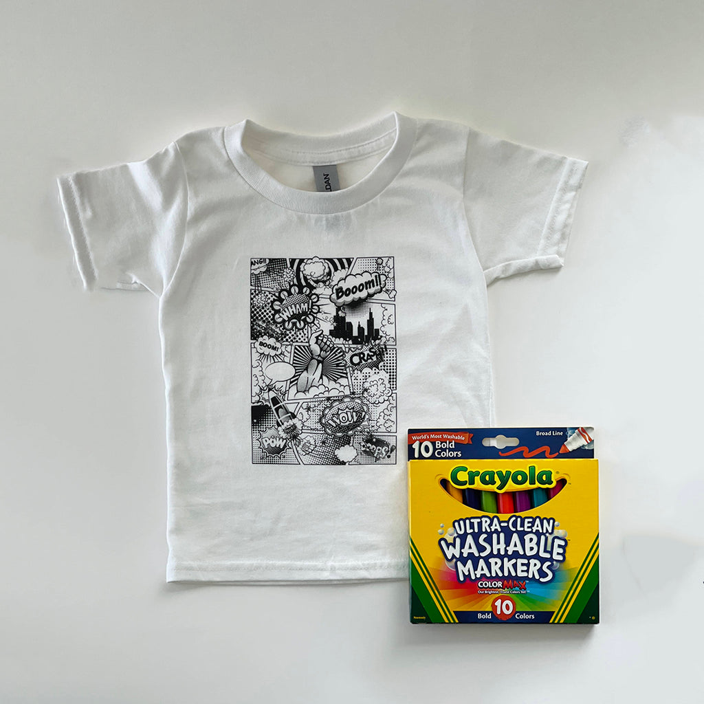 comic book color in tee and washable marker kids activity set