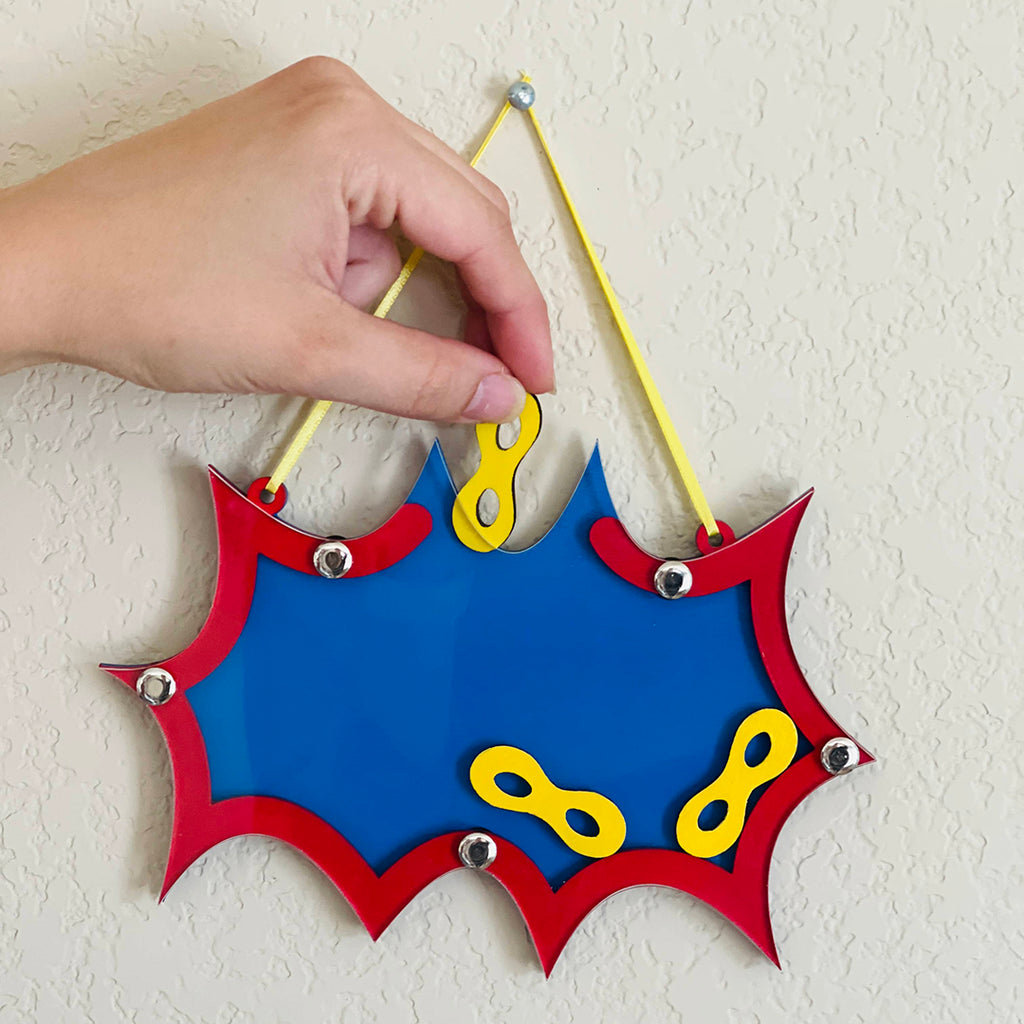 hand painted red yellow and blue super hero themed hanging kids rewards jar