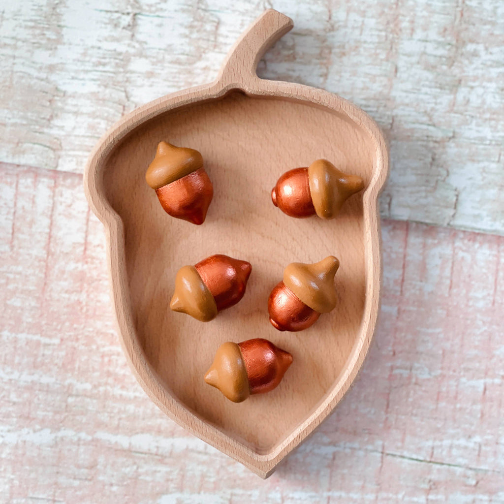 acorn shaped Montessori sorting tray filled with mini wooden acorns