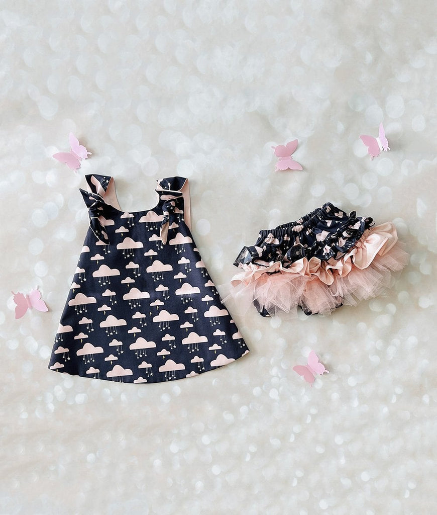 grey and blush pink toddler dress with matching baby girl bloomers with ruffles