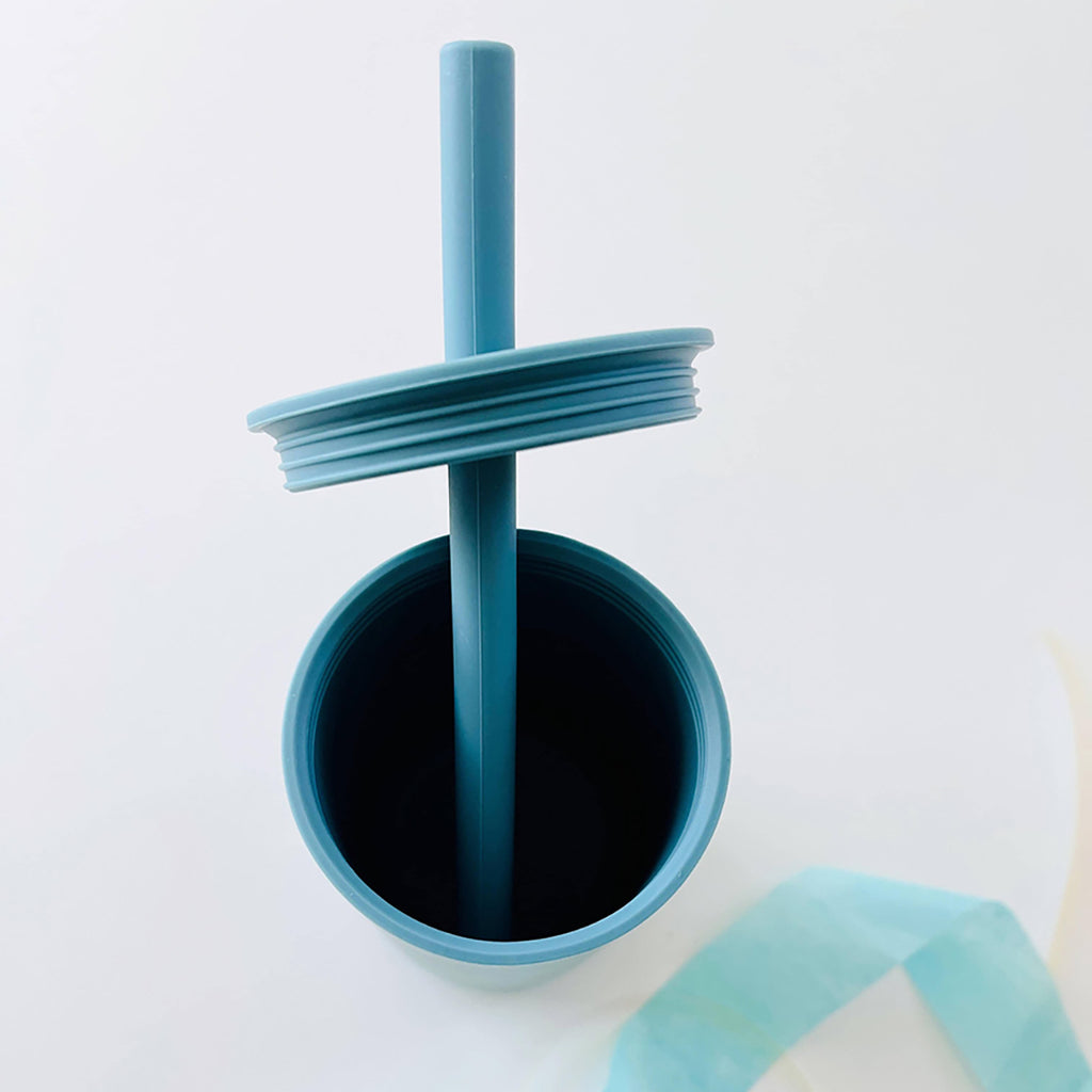 blue silicone training cup with straw and lid