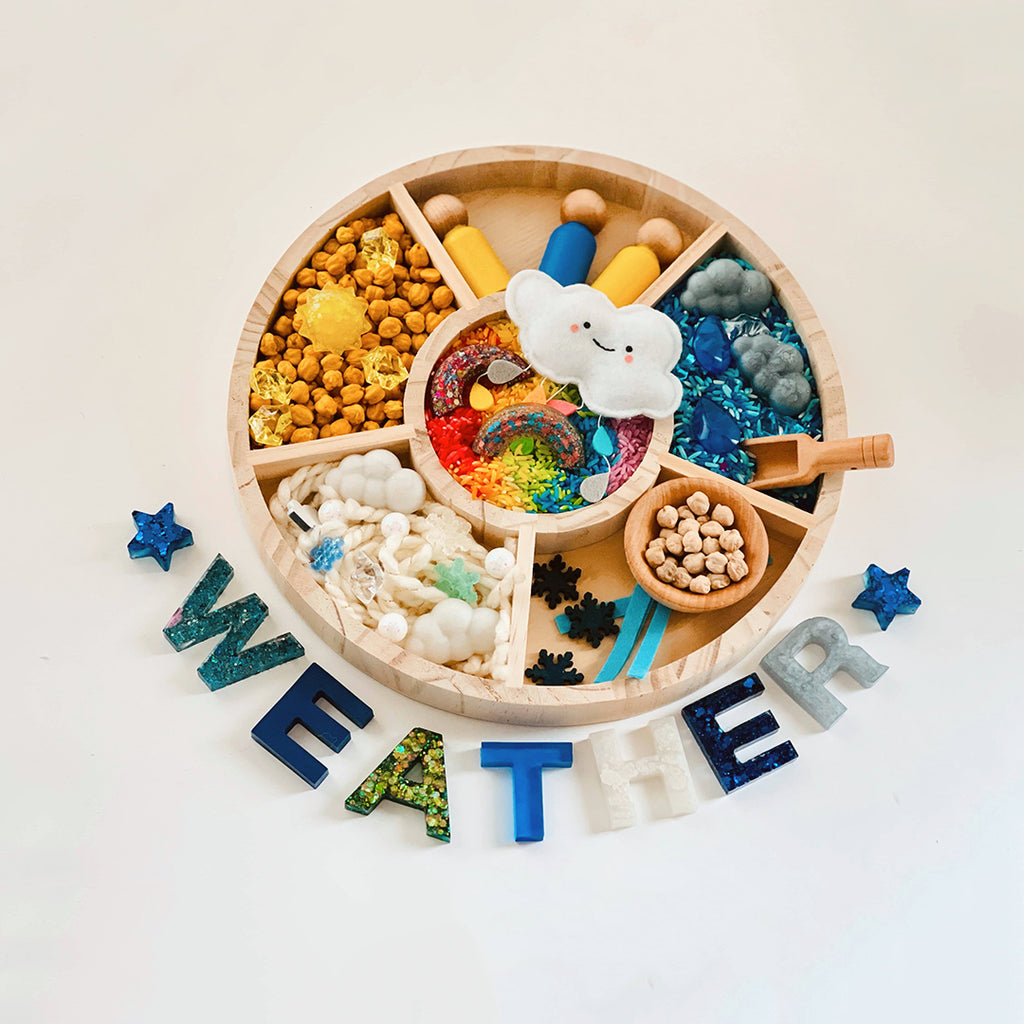 weather themed Montessori sensory bin for kids